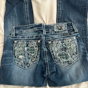 Miss Me Blue Cropped Jeans with Silver and Turquoise Embroidery
